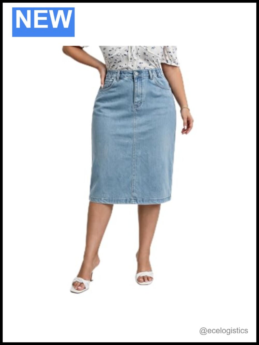 Plus Size High Waisted Midi Denim Skirt with Pockets & Back Slit
